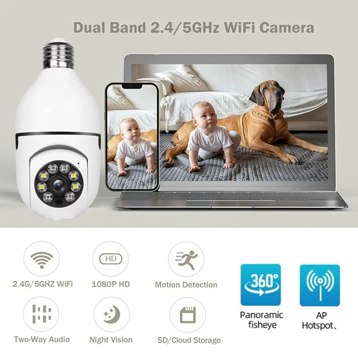 2Pack  Socket Light Bulb Camera Wireless Wi-Fi 2.4Ghz &5Ghz 360° Motion Detector Surveillance Camera Two Way Talk/Night Vision/Light Bulb Camera