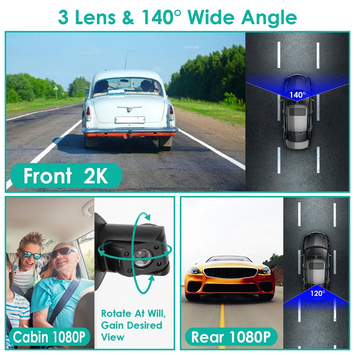 iMounTEK 2K Car  3 Channel Dash Cam Camcorder Camera Recorder with 140° Angle  WiFi Night Vision -sensor Loop Recording Parking Monitor