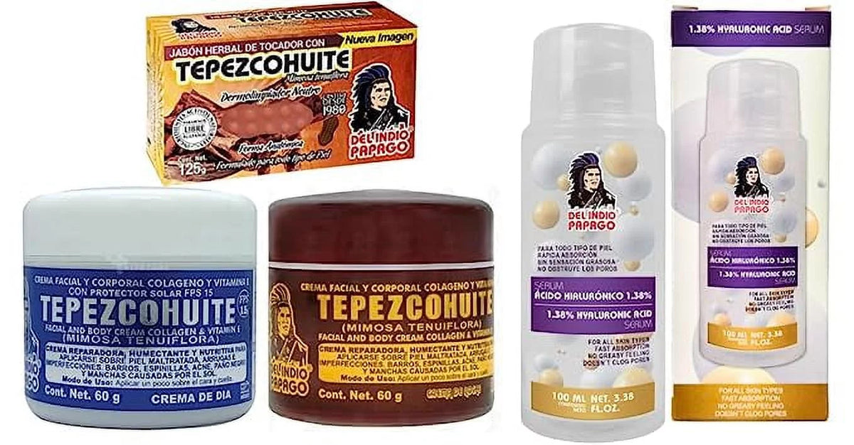Del Indio Papago Tepezcohuite Day & Night creams (2oz each) + Hyaluronic Acid Serum (3.38 Fl Oz) + Tepezcohuite Soap (125g)