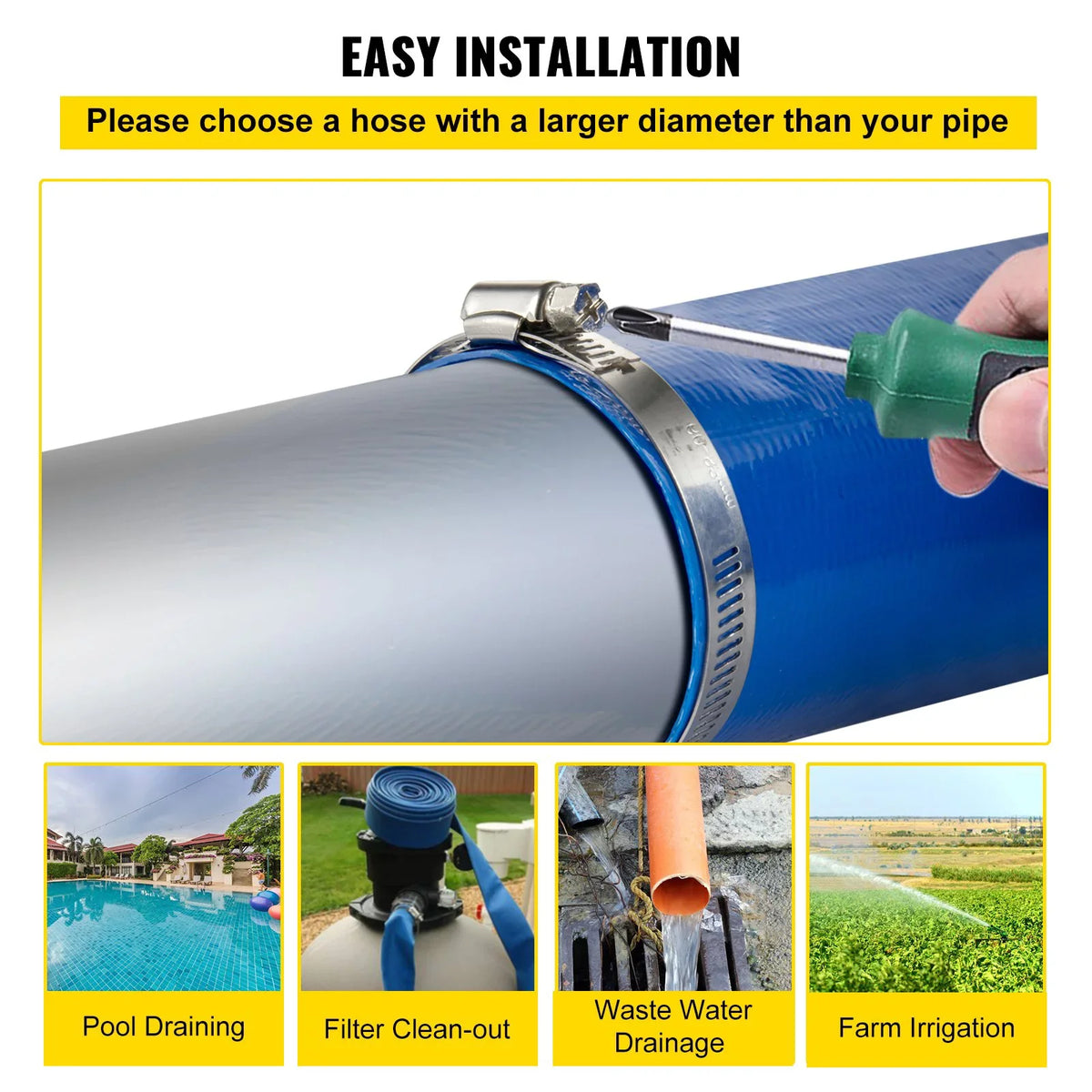 Discharge Hose, 1-12" x 105',  Fabric Lay Flat Hose, Heavy Duty Backwash Drain Hose with Clamps, Weather-proof & Burst-proof, Ideal for Swimming Pool & Water Transfer, Blue