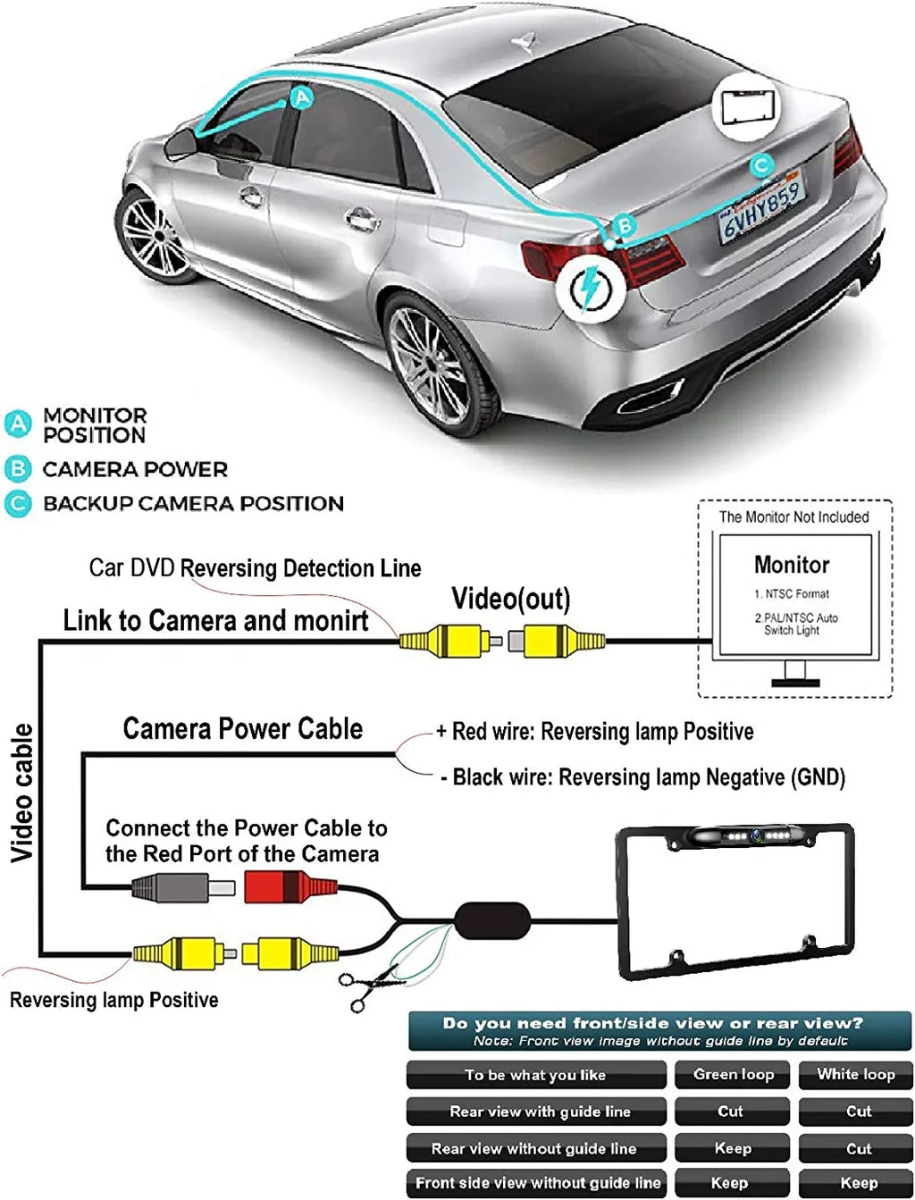 Backup Camera Rearview License Plate Frame for   - Black
