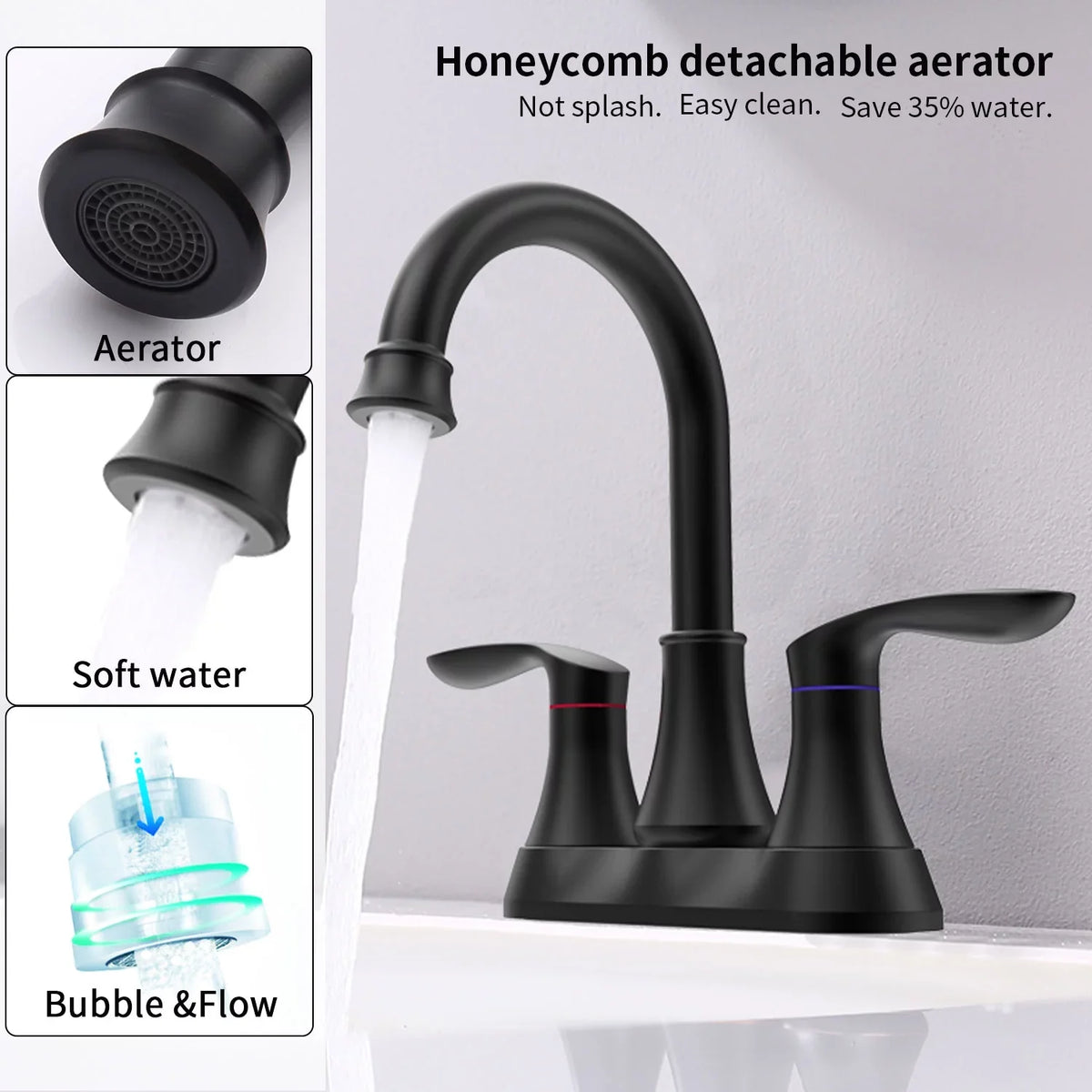 Kichae 6 Inch Vanity Sink Faucet，2-Handle 360 Degree Swivel Bathroom Spout Centerset Faucet with Pop-up Drain & Supply Hoses，Matte Black