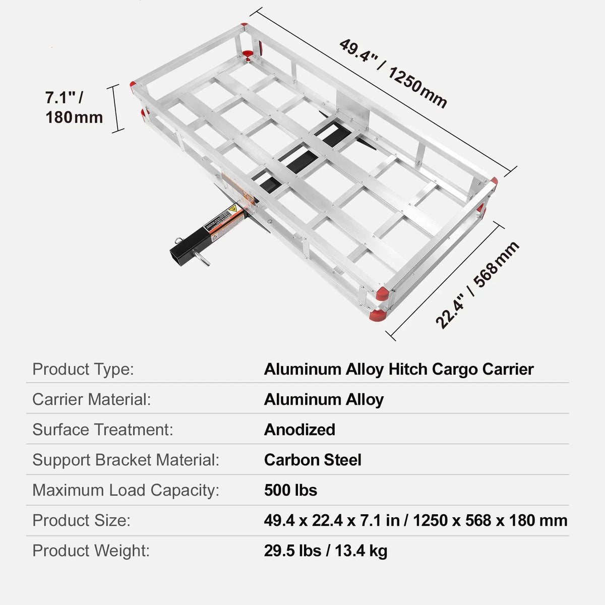Hitch Mount Cargo Carrier 47 x 20 x 6 in 500lb Aluminum Corrosion-Resistant Fits 2" Receiver Cargo Basket for SUVs Sedans Vehicles