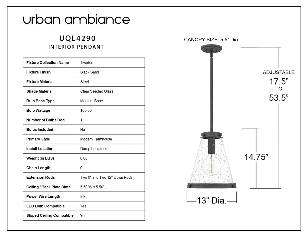 Luxury Modern Farmhouse Indoor Pendant, 14.75'' x 13.00'', with Casual Style Elements, Transitional Design, Black Sand Finish and Clear Seeded Glass,