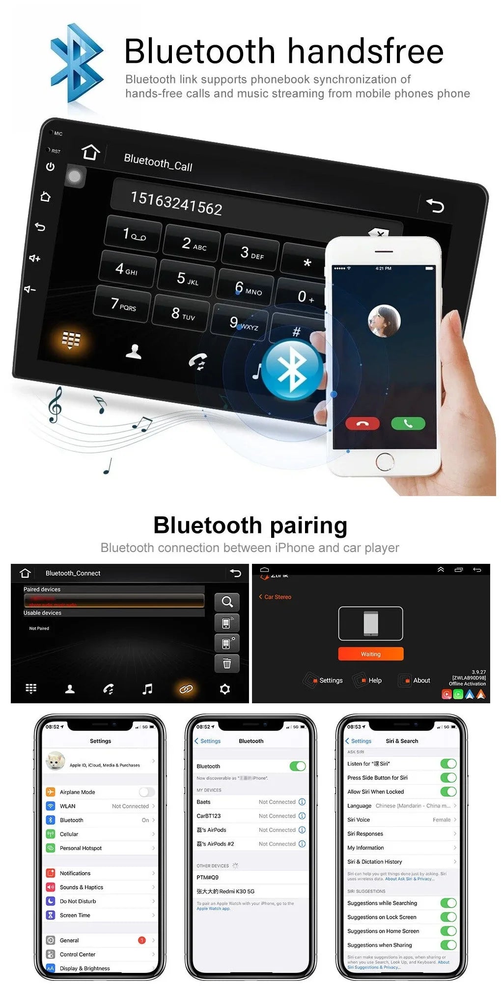 Android 2+32GB Car Stereo Wireless Carplay Android Auto Double Din Radio 9" 1280*720  Screen WiFi  Navigation Bluetooth  / Receiver  Backup Camera