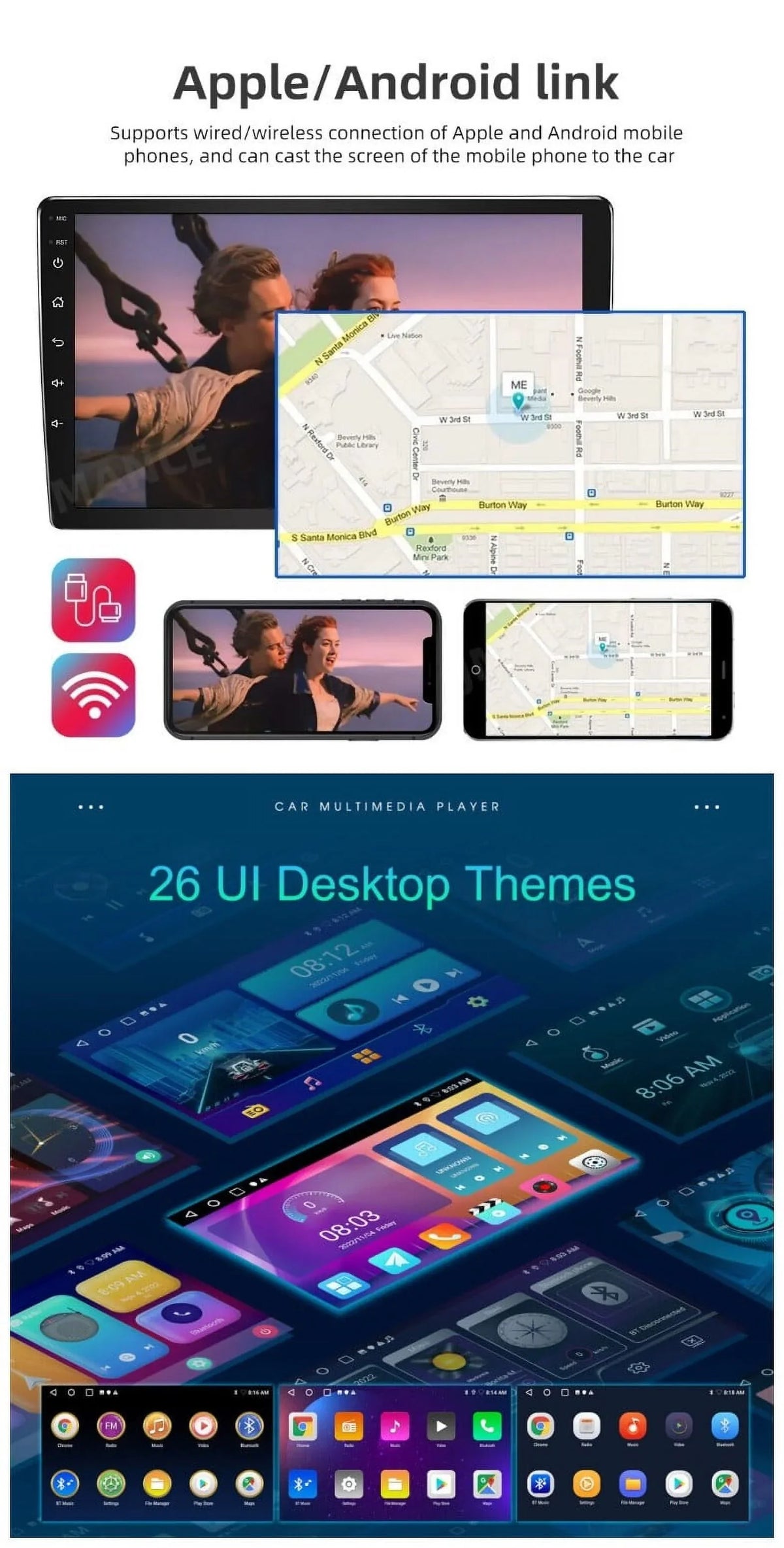 Android 2+32GB Car Stereo Wireless Carplay Android Auto Double Din Radio 9" 1280*720  Screen WiFi  Navigation Bluetooth  / Receiver  Backup Camera