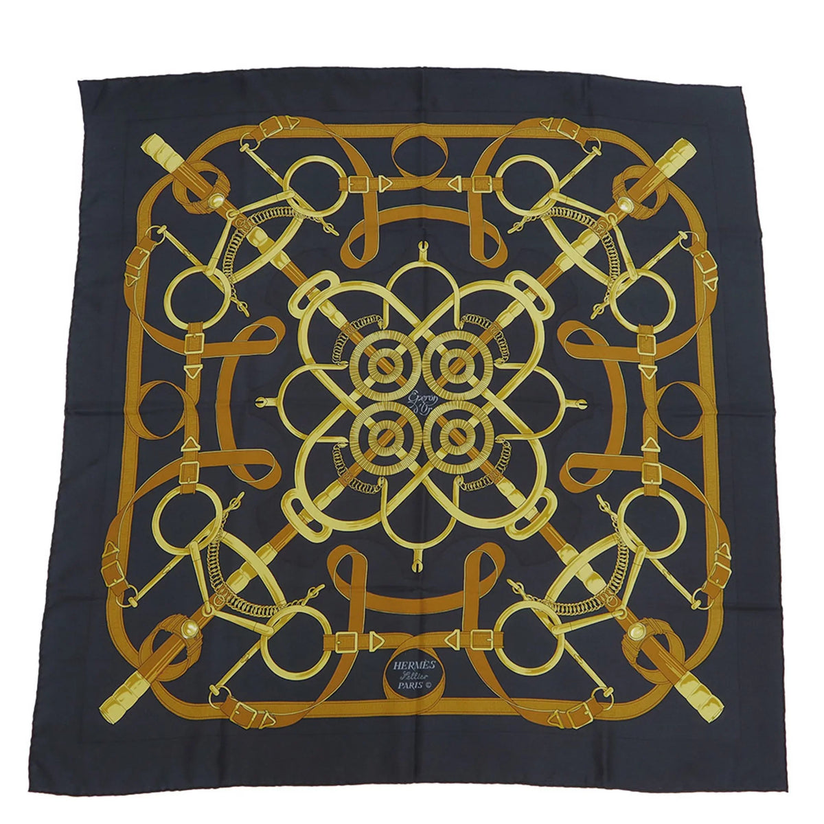 Pre-Owned  Hermes Carre 90 Eperon d'or Golden Spur Pellier Black x Yellow .d'ORiGNY Scarf Muffler (Good)