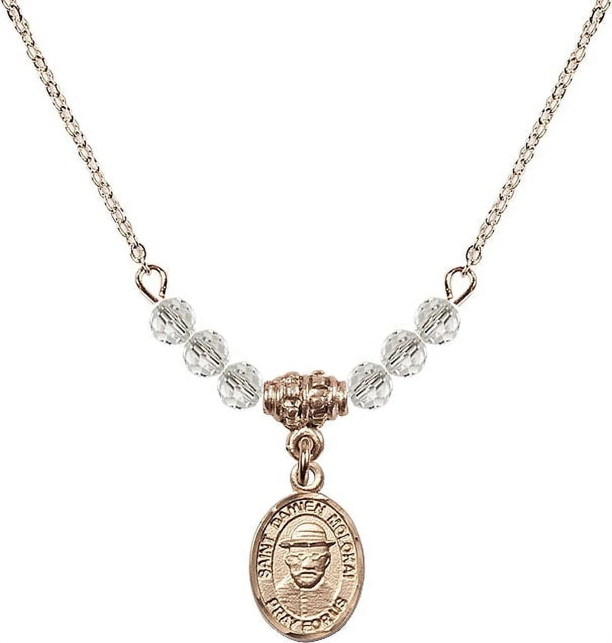 18-Inch Hamilton Gold Plated Necklace with 4mm White April Birth Month Stone Beads and Saint Damien of Molokai Charm