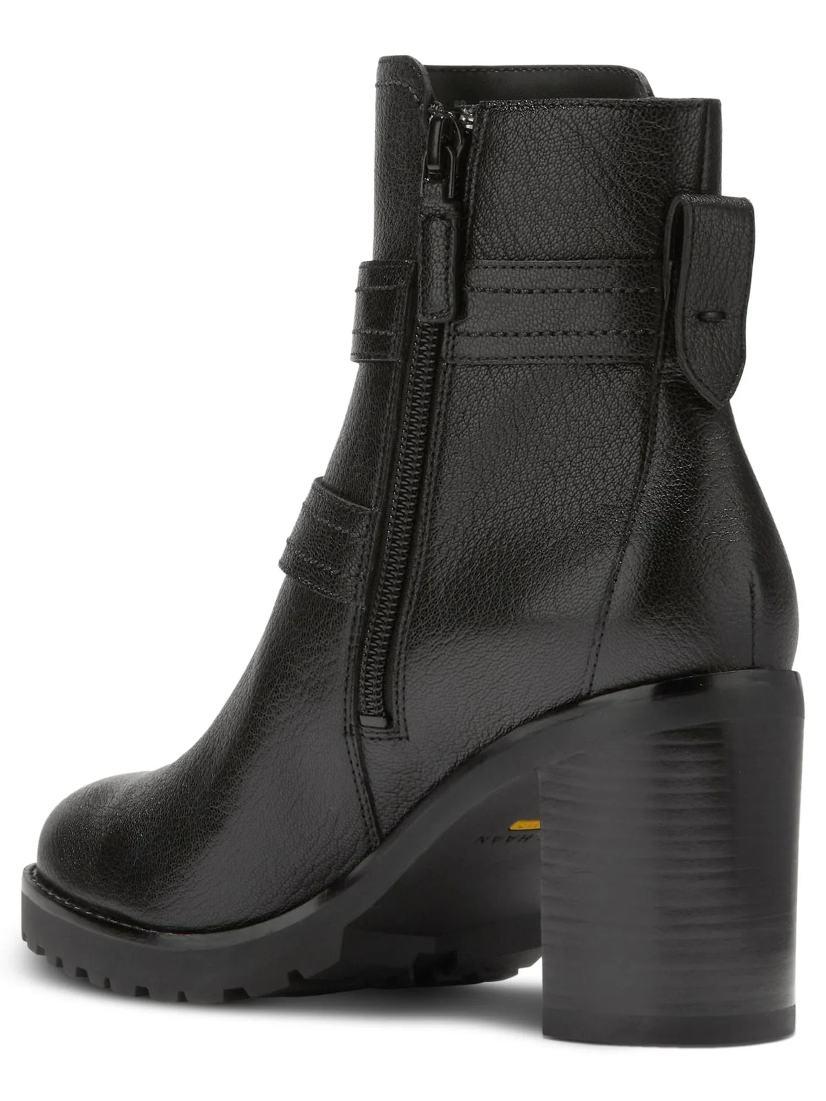 Womens Black Buckle Accent Foster Almond Toe Stacked Heel Zip-Up Leather Booties 5