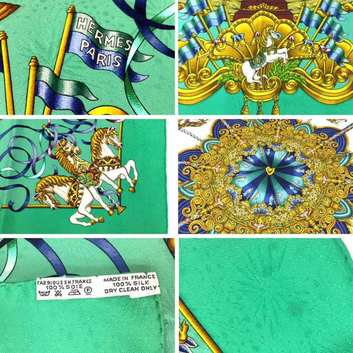 Pre-Owned  Carre 90 Scarf Muffler   Amusement Park Carousel Embroidery Green 100% Silk Hermes aq5159 (Good)