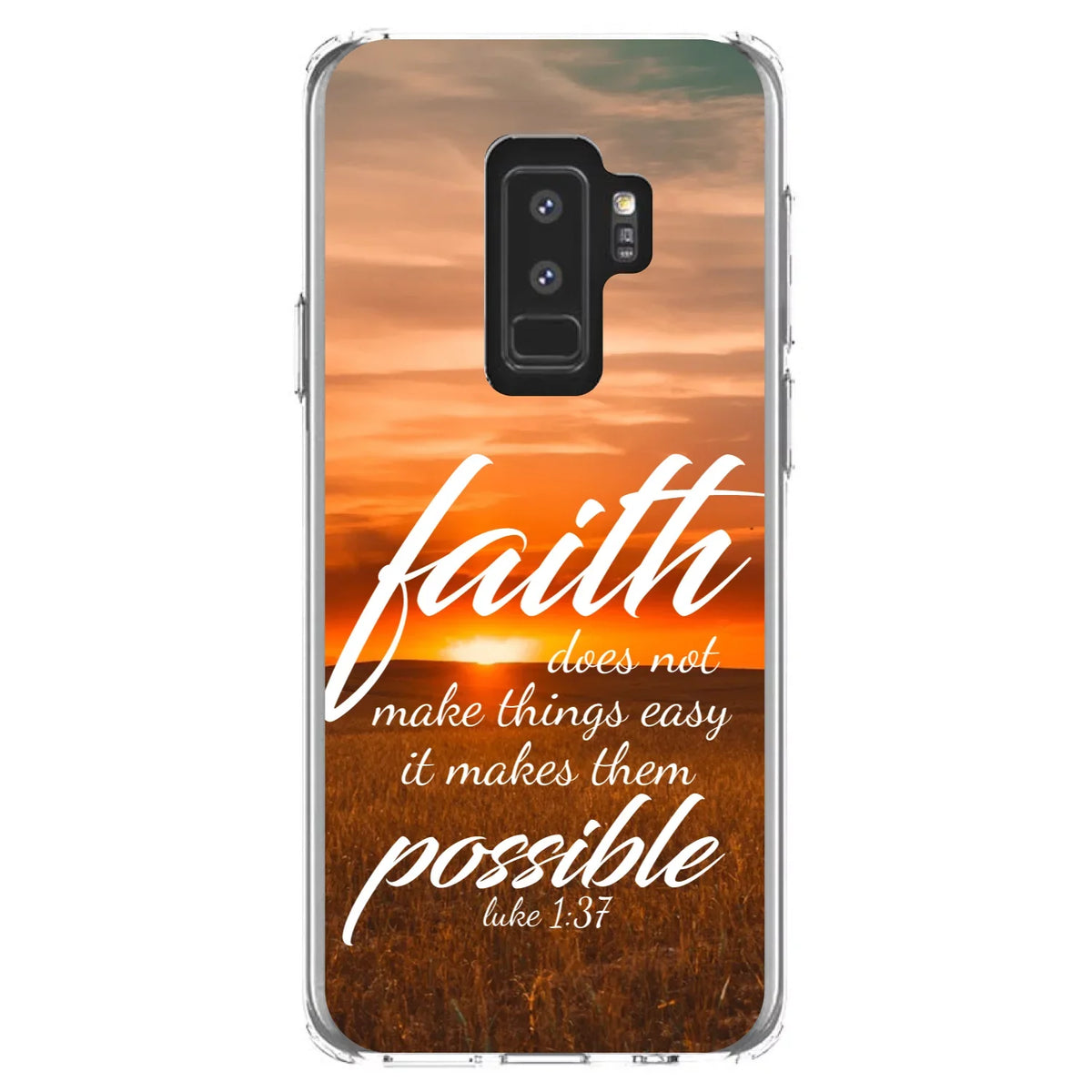 DistinctInk Clear Shockproof Hybrid Case for Samsung Galaxy +  (6.2" Screen) -  Bumper, Acrylic Back, Tempered Glass Screen Protector - Luke 1:37 - Faith Does Not Make Easy Makes Possible