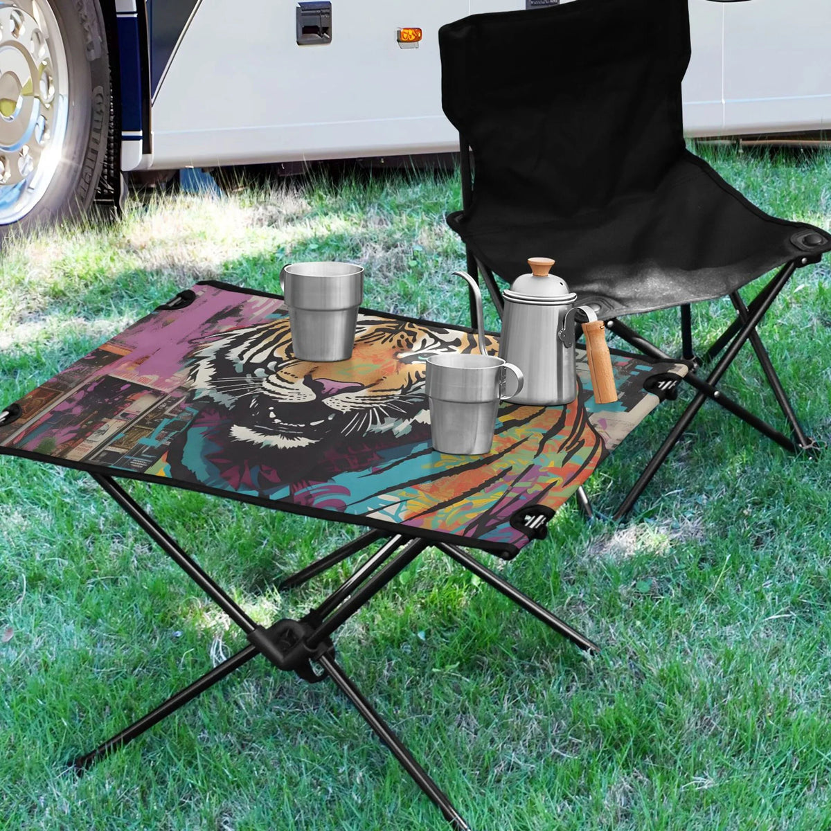 Tiger Abstract Camping Foldable Portable Table Beach Table with Storage Bag Compact Picnic Table for Outdoor Hiking Fishing