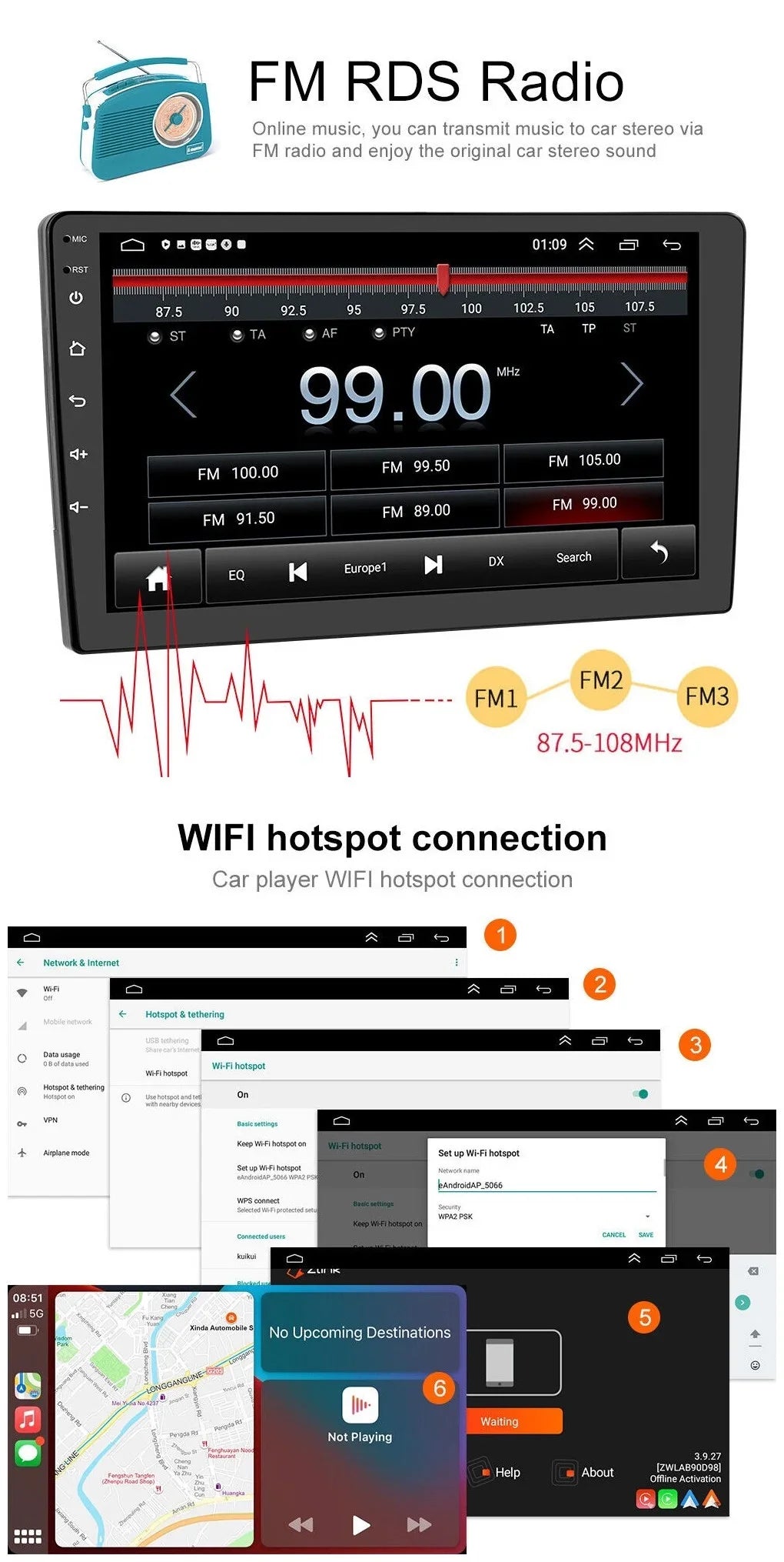 Android 2+32GB Car Stereo Wireless Carplay Android Auto Double Din Radio 9" 1280*720  Screen WiFi  Navigation Bluetooth  / Receiver  Backup Camera