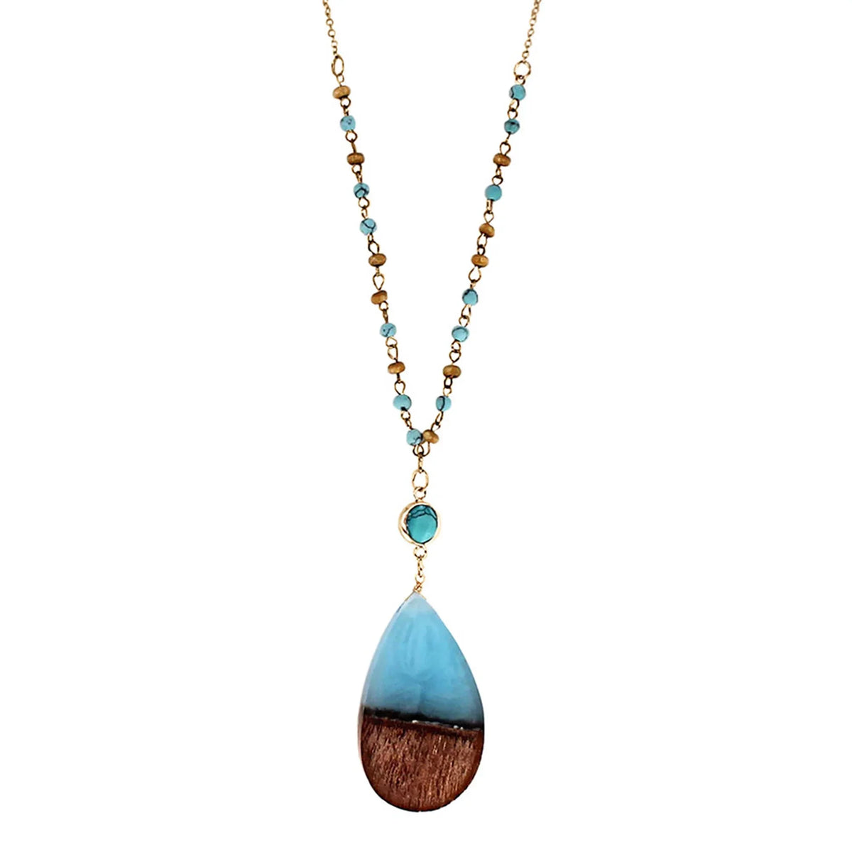 Blue Box Boutique Inc Aqua Resin Wood Pendant Beaded Chain Necklace for Women, Tenes | Wood Anniversary Gift